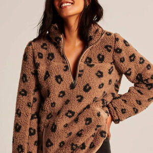 Abercrombie‎ & Fitch Brown Cheetah Print Sherpa Half Zip Pullover Jacket Size XS